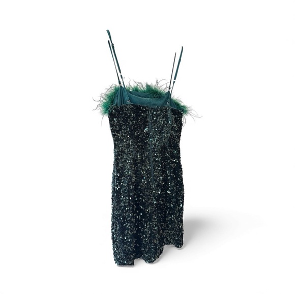 Festive Emerald Green Sequin Mini Dress featuring   Feather Bust Trim - Picture 3 of 6